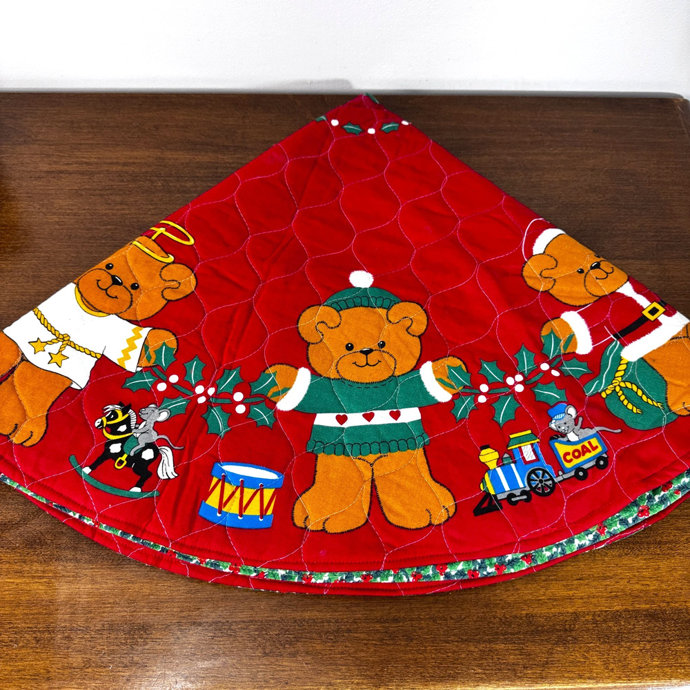 Vintage Teddy Bear Christmas Tree Skirt Handmade Mice Holly Toys Angel Santa Red